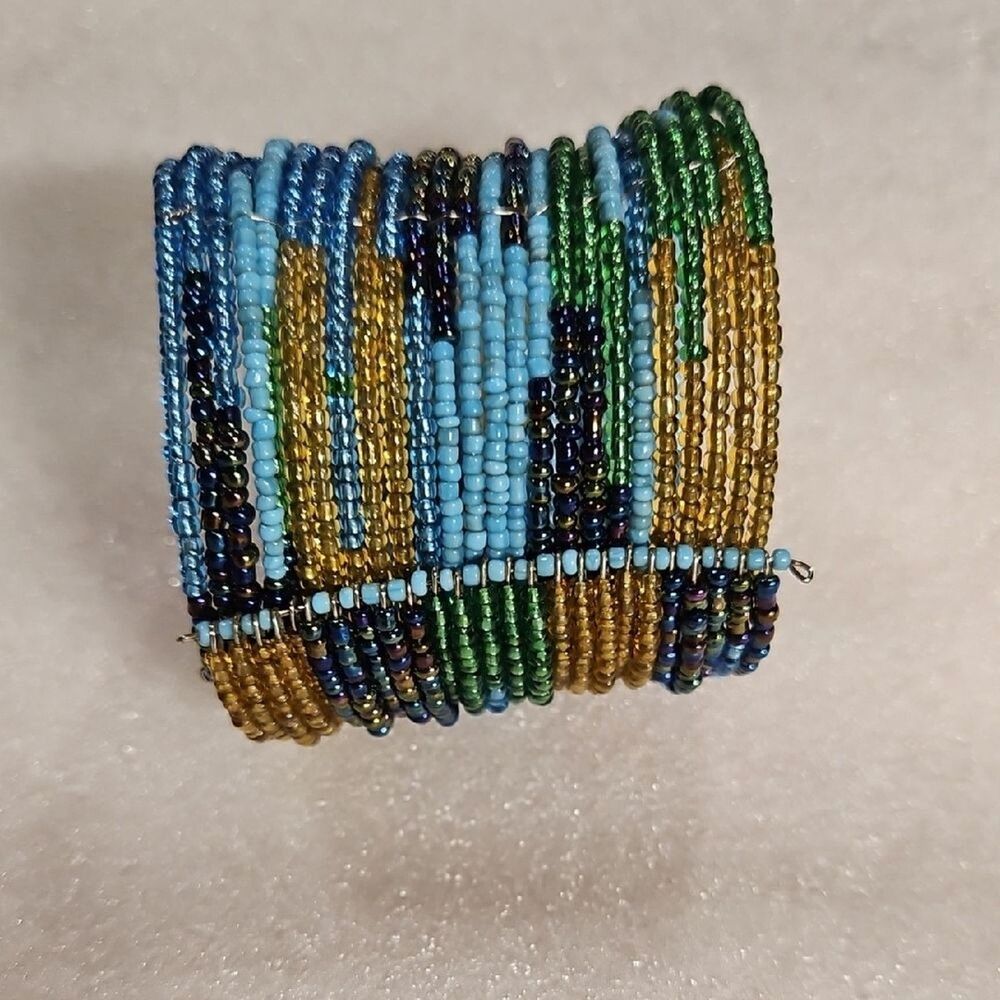 Turquoise Peacock Aqua Blue Seed Beads Memory Wire Cuff Bracelet